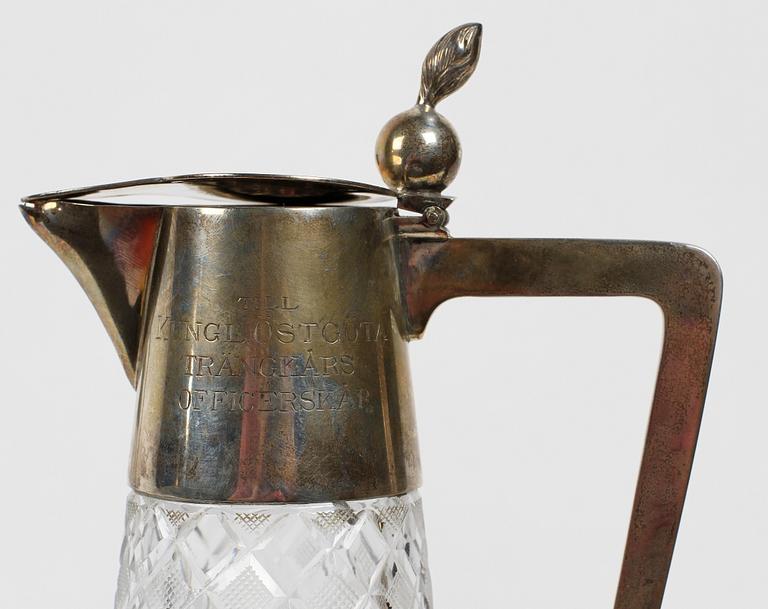 VINKANNOR, ett par, glas, silver, Samuel Pettersson, Linköping 1912.