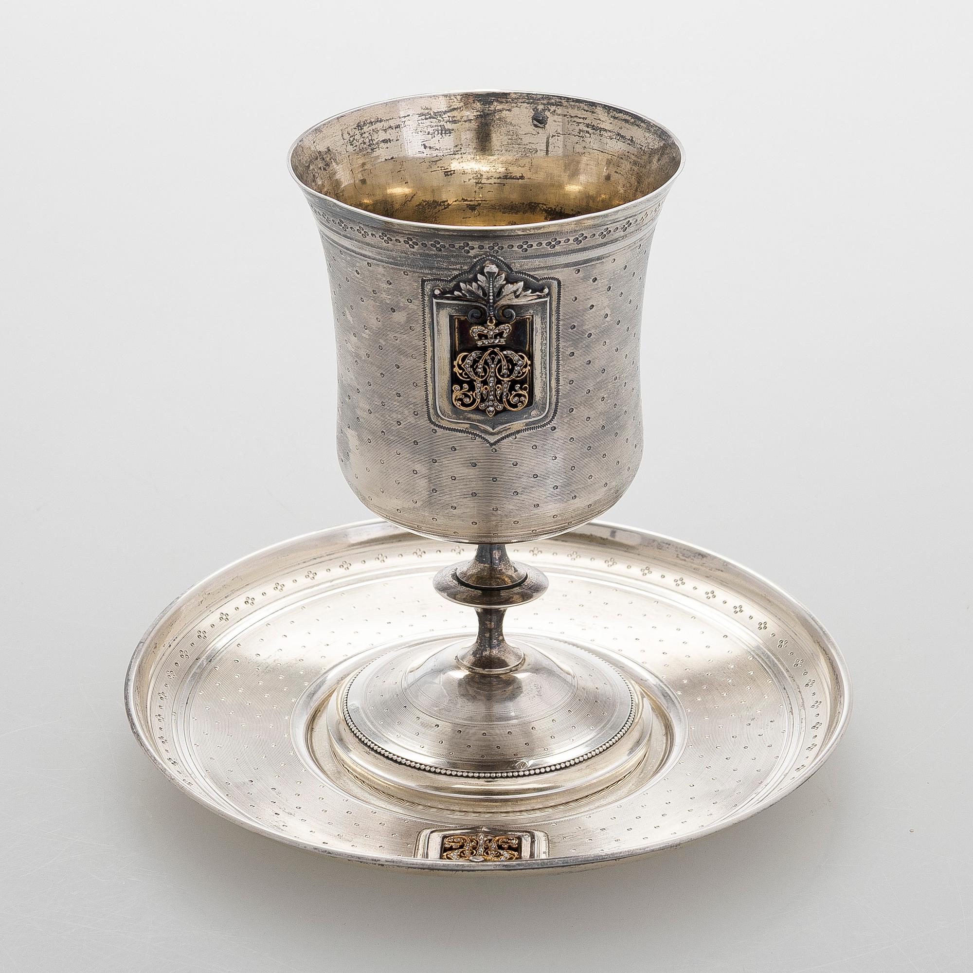 Philippe Berthier, bägare med fat, silver (.950), diamanter, Paris, 1800-talets mitt.