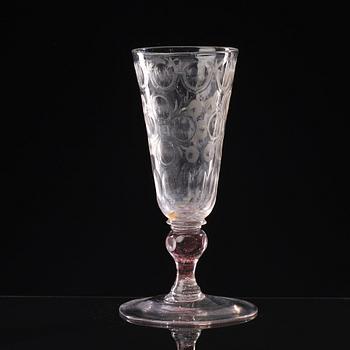 A Bohemian cut and engraved colour twist goblet, first half of the 18th Century.