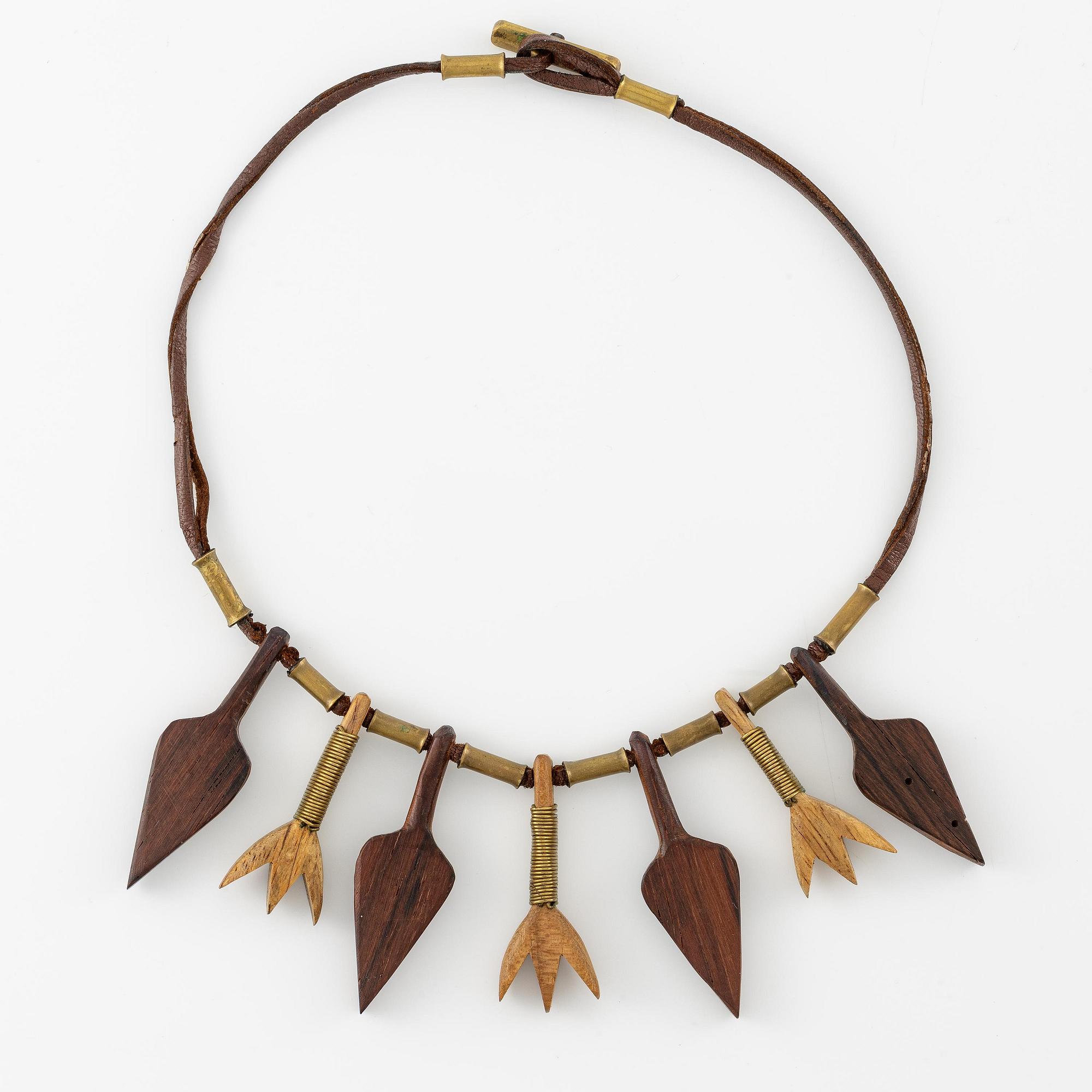 Vivianna Torun Bülow-Hübe, a leather, wood and copper necklace, executed in her workshop ca 1948.