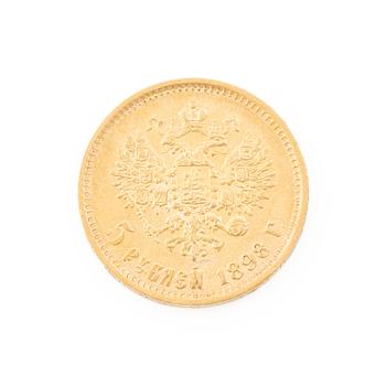 Gold coin, Nicholas II, Russia, 5 Rubles, 1898.