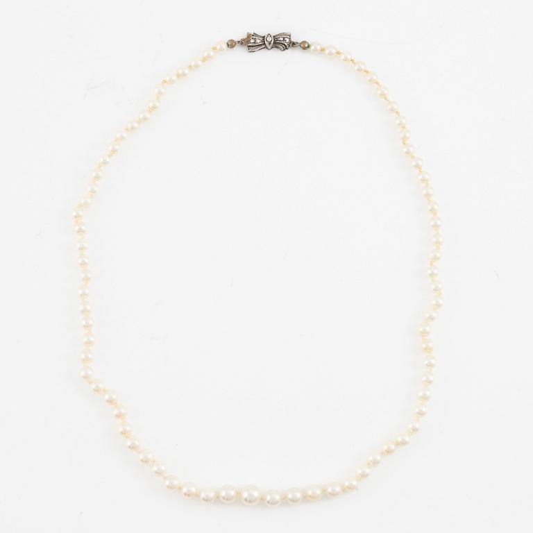 Pearl necklace, two cultured pearls, clasp silver.