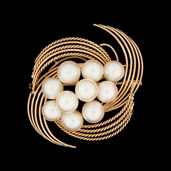 BROSCH, 14k med odlade pärlor. Vikt ca 15g.