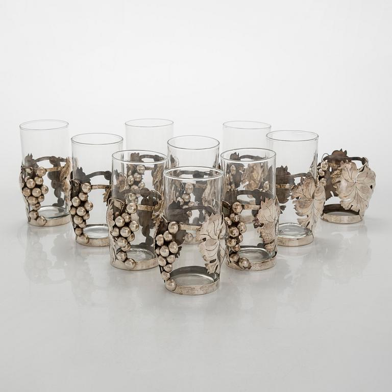 Juomalaseja, 8 + 1 kpl, hopeaa ja lasia,  Rancho Alegre Mexico 1900-luvun puoliväli.
