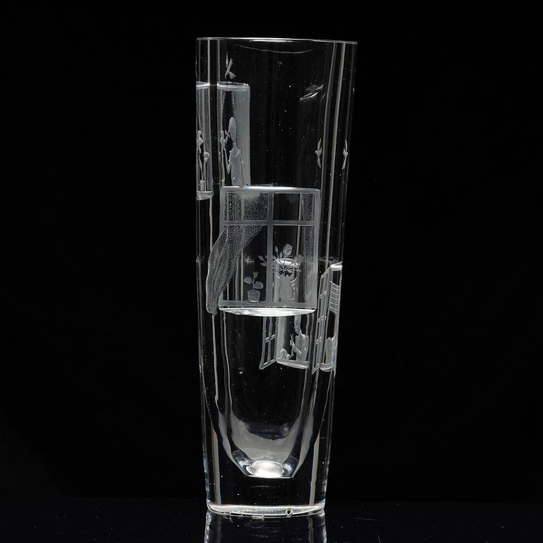 Tapio Wirkkala, a rare engraved "Finestra" glass vase, Iittala, Finland, 1947, model 3220, engraved by Theodor Käppi.