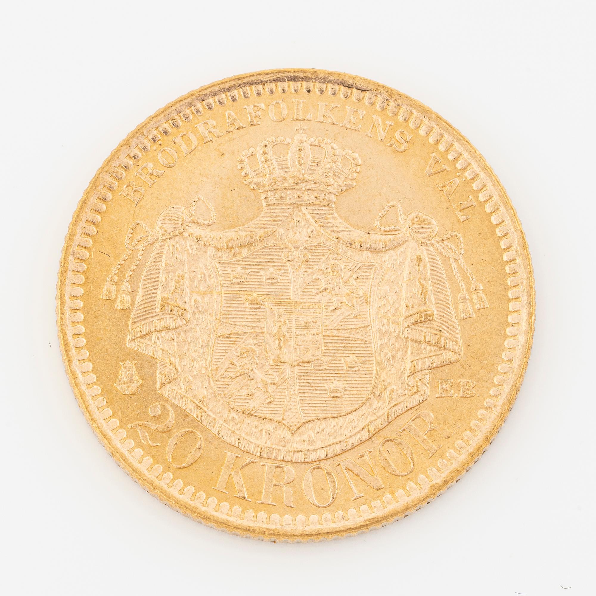 Guldmynt, Oscar II, 20 kronor, typ III, Sverige 1880.