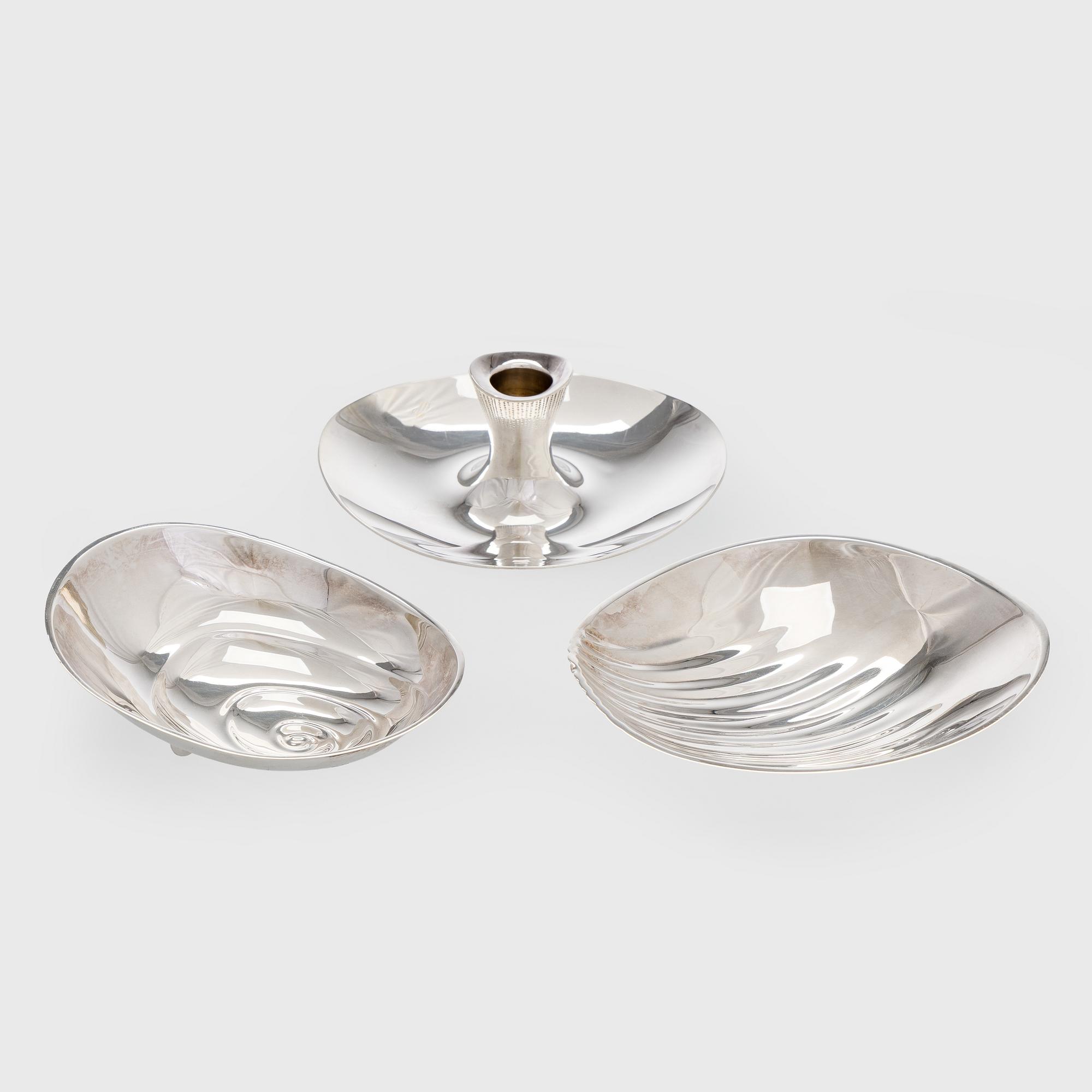 Tapio Wirkkala, Two silver bowls and a silver candlestick, Hopeatehdas, Helsinki, 1958 and 1961.
