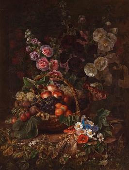 656. Johan Laurentz Jensen, Stilleben med stockrosor, prästkragar, blåklint, vallmo, kornax, rönnbär och en fruktkorg.