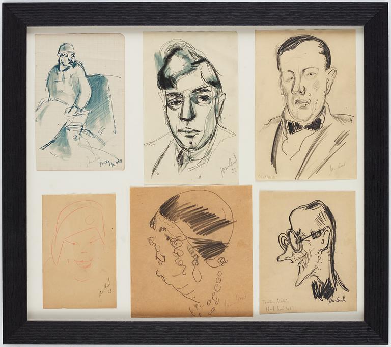 John Jon-And, drawings, 6, framed together, signed. 1920-30s.