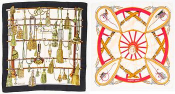 Hermès, two silk scarves, 'Passementerie' and 'Moyeux'.