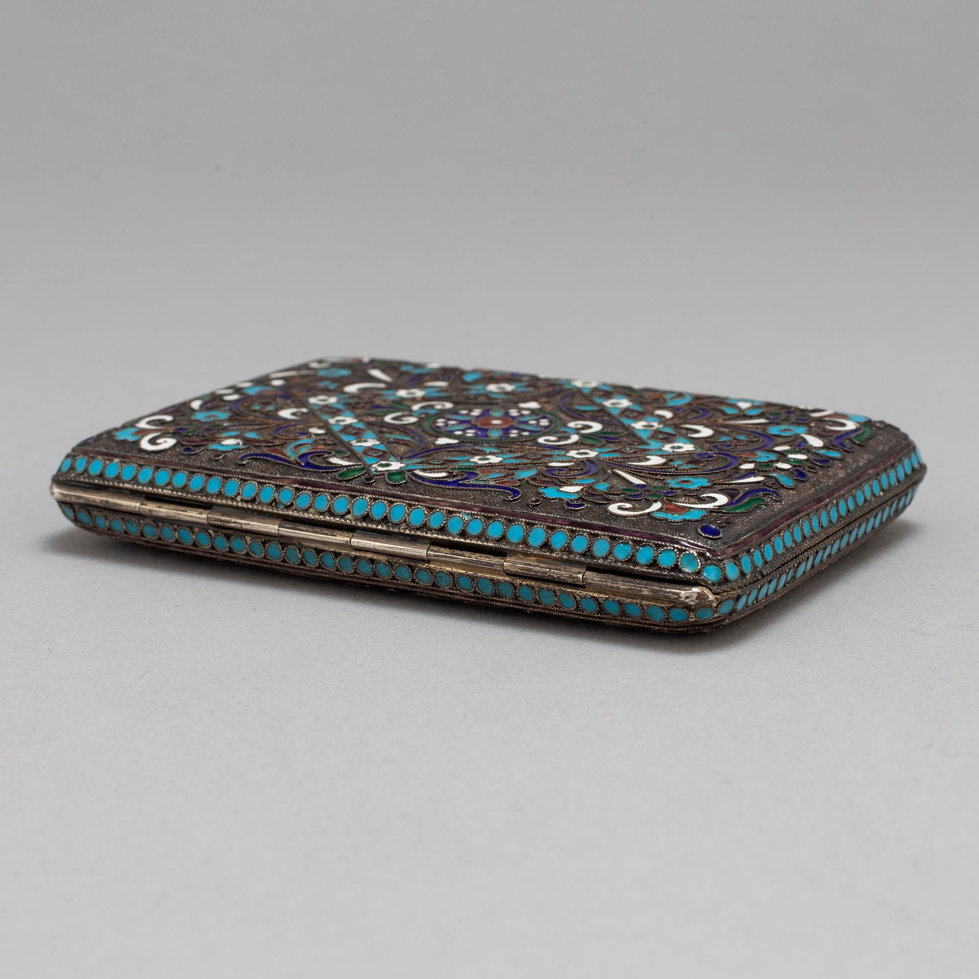 A Russian 20th century silver and cloisonne enamel cigarette case, mark of Mikhail Zoirn, Moscow 1908-1917.