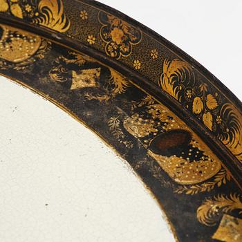 A tole-peinte Empire tray, first part 19th century on a later stand.