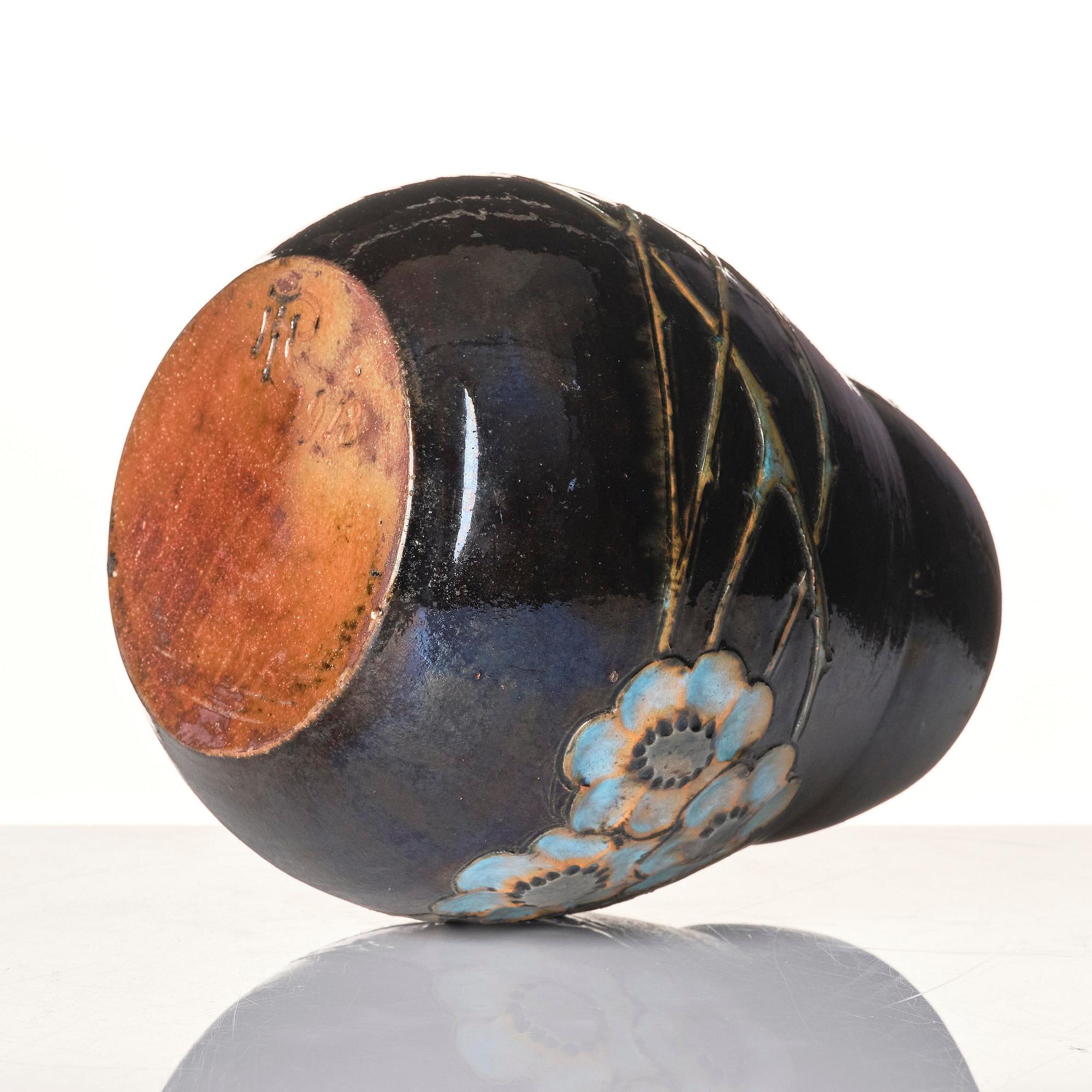 Hilma Persson-Hjelm, a glazed earthenware art nouveau vase, executed in her own studio, Arvika 1918. No 5196.