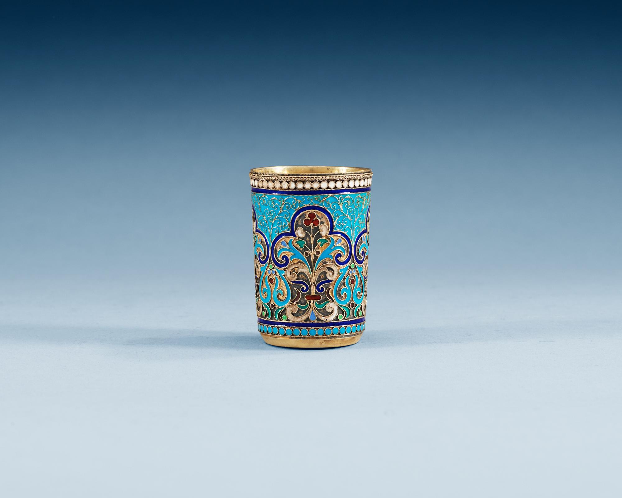 A RUSSIAN SILVER-GILT AND ENAMEL TSCHARKA, Makers mark of Vasilji Aga Forou, Moscow 1894.