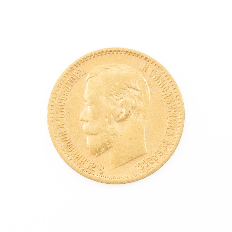 Gold coin, Nicholas II, Russia, 5 Rubles, 1899.