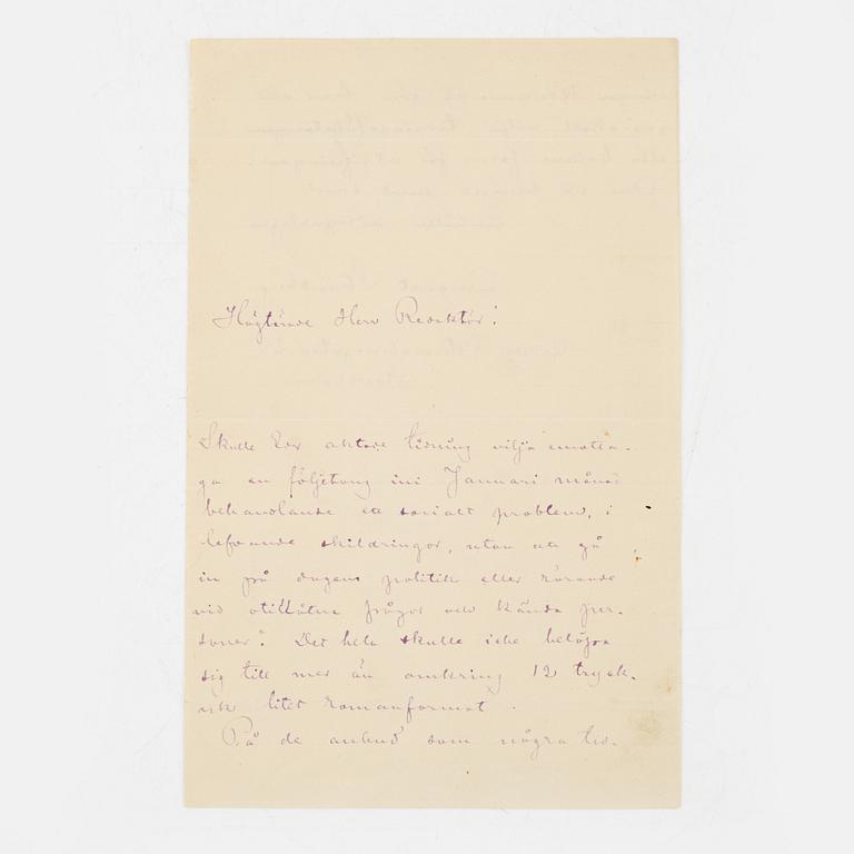 Egenhändigt brev av Strindberg om en följetong, 1881.