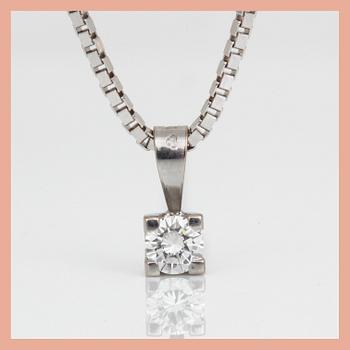 HÄNGE samt KEDJA, 18K vitguld med briljantslipad diamant ca 0,35 ct. Total vikt ca 7,68 g.