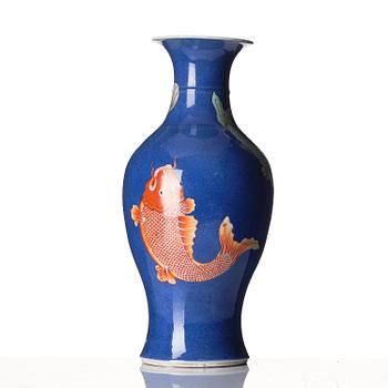 A powder blue and enamelled 'fish' vase, late Qing dynasty.