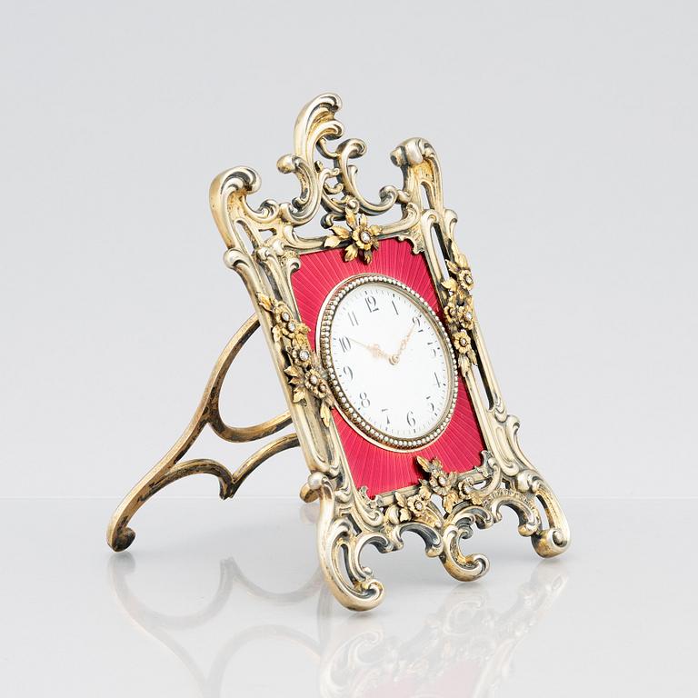 A Fabergé, Nobel family, jewelled, silver-gilt, guilloché enamel desk clock, workmaster Michael Perchin, St Petersburg.