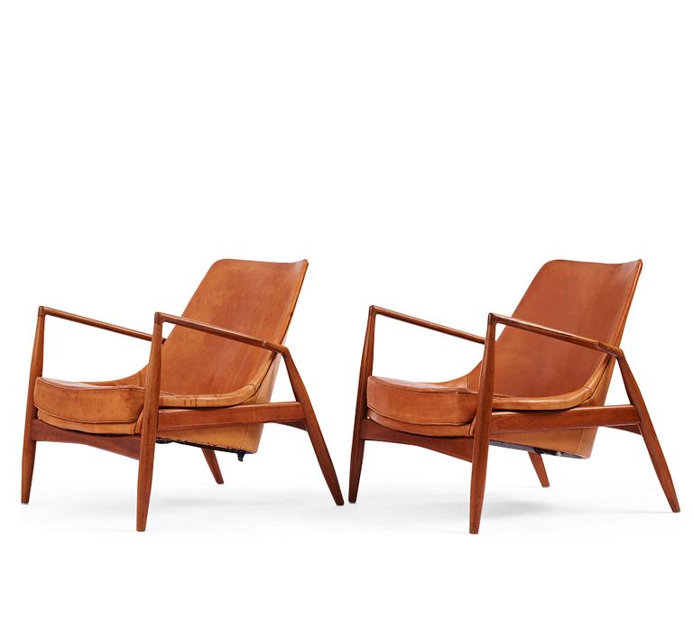 Ib Kofod-Larsen, a pair of teak and cognac coloured leather "Sälen" easy chairs, Olof Perssons Fåtöljindustri (OPE), Sweden, 1950-60's.