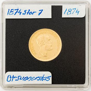 Gold coin, Oscar II, 10 kronor, type I, Sweden 1874.