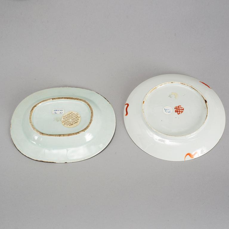 A group of blue and white and famille rose porcelain objects, Qing dynasty, Qianlong and late 19th century.