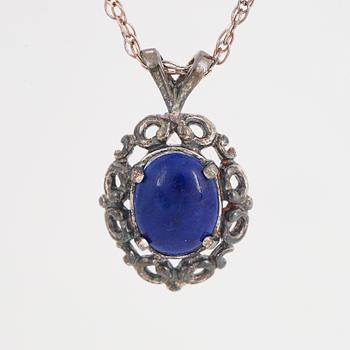 Oval lapis lazuli silver pendant, with chain.