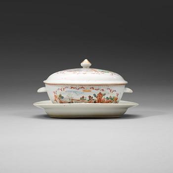 260. TERRIN med LOCK och FAT, kompaniporslin. Qingdynastin, Qianlong (1736-95).