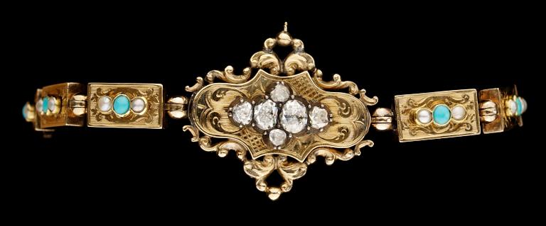 ARMBAND ca 1870, rosenslipade diamanter och turkoser.