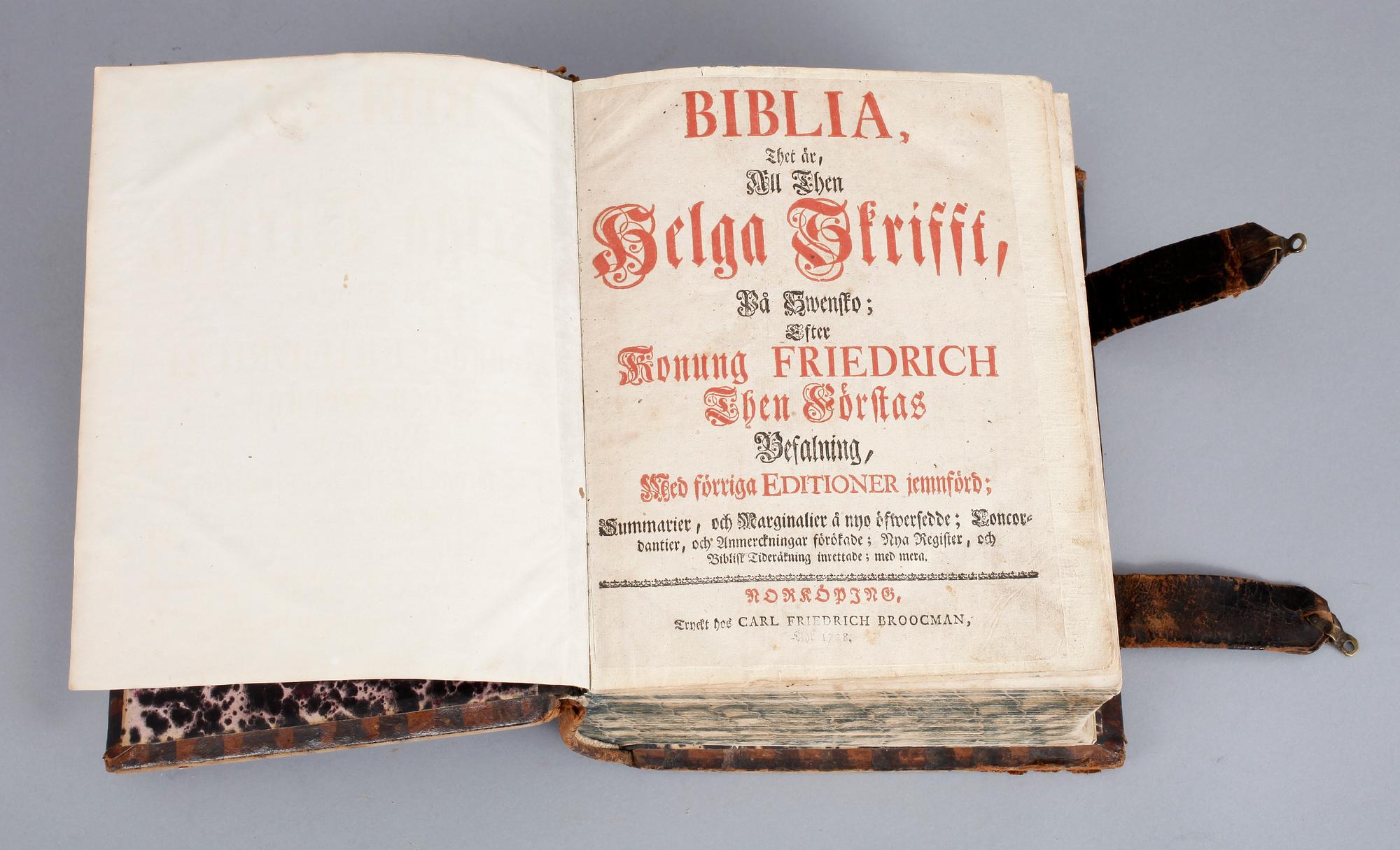 BIBEL, thet är, all then Helga Skrifft, på swensko efter konung Friederich then förstas befalning, Norköping 1728.