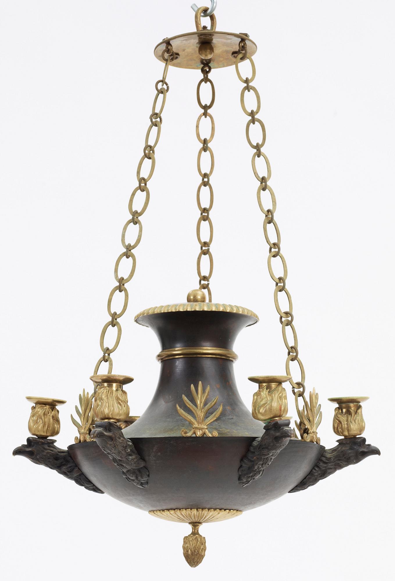 TAKAMPEL, plåt och mässing, empire, 1800-talets första hälft. H ca 56.