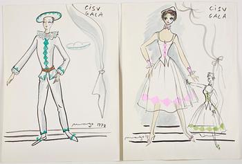 MAX GOLDSTEIN (MAGO) dräktskisser, kostymteckningar, fotografier, delvis sign, ca 40 st.