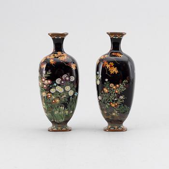 A pair of Japanese enamel on copper vases, Meiji (1868-1912).