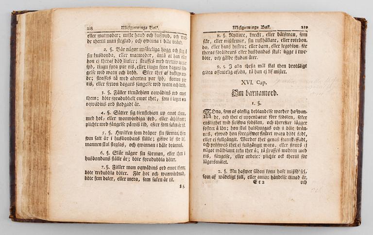 BOK: Sweriges Rikes Lag, 1734. Tryckt hos Ephraim Koch, Stockholm 1746.