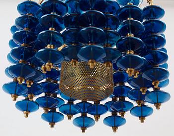 A Hans-Agne Jakobsson brass and blue glass ceiling lamp, Markaryd, Sweden 1960's-70's.