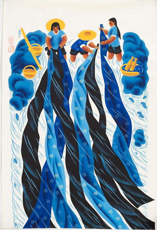 A set of three Chinese s.k. 'farmers paintings', Huxian,  second half of 20th Century.