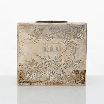 A set with 2 Chinese silver boxes, a coaster and a match stick holder, 20th Century.