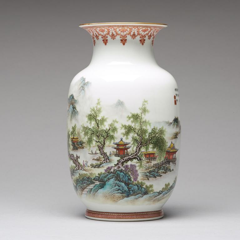 A Chinese enamelled vase with a landscape, 20th Century.