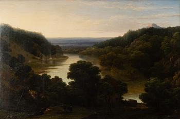 Unknown artist, 19th century, Expansive landscape with figures and cattle.