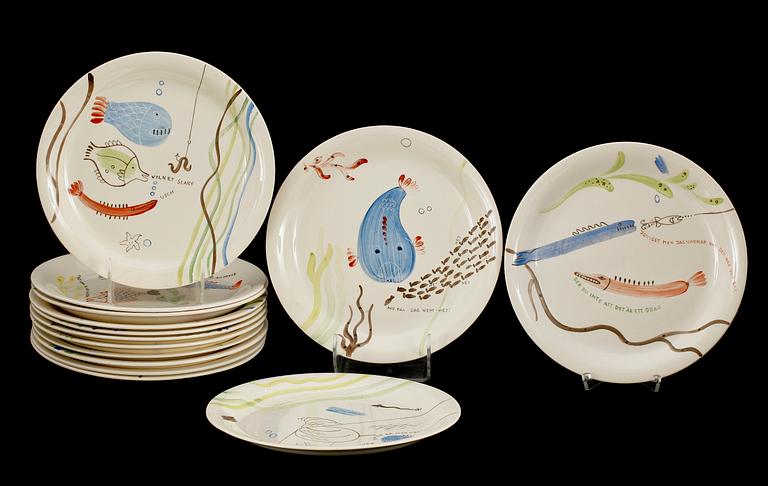 A set of eighteen Stig Lindberg creamware plates 'Löja', Gustavsberg 1948-62.