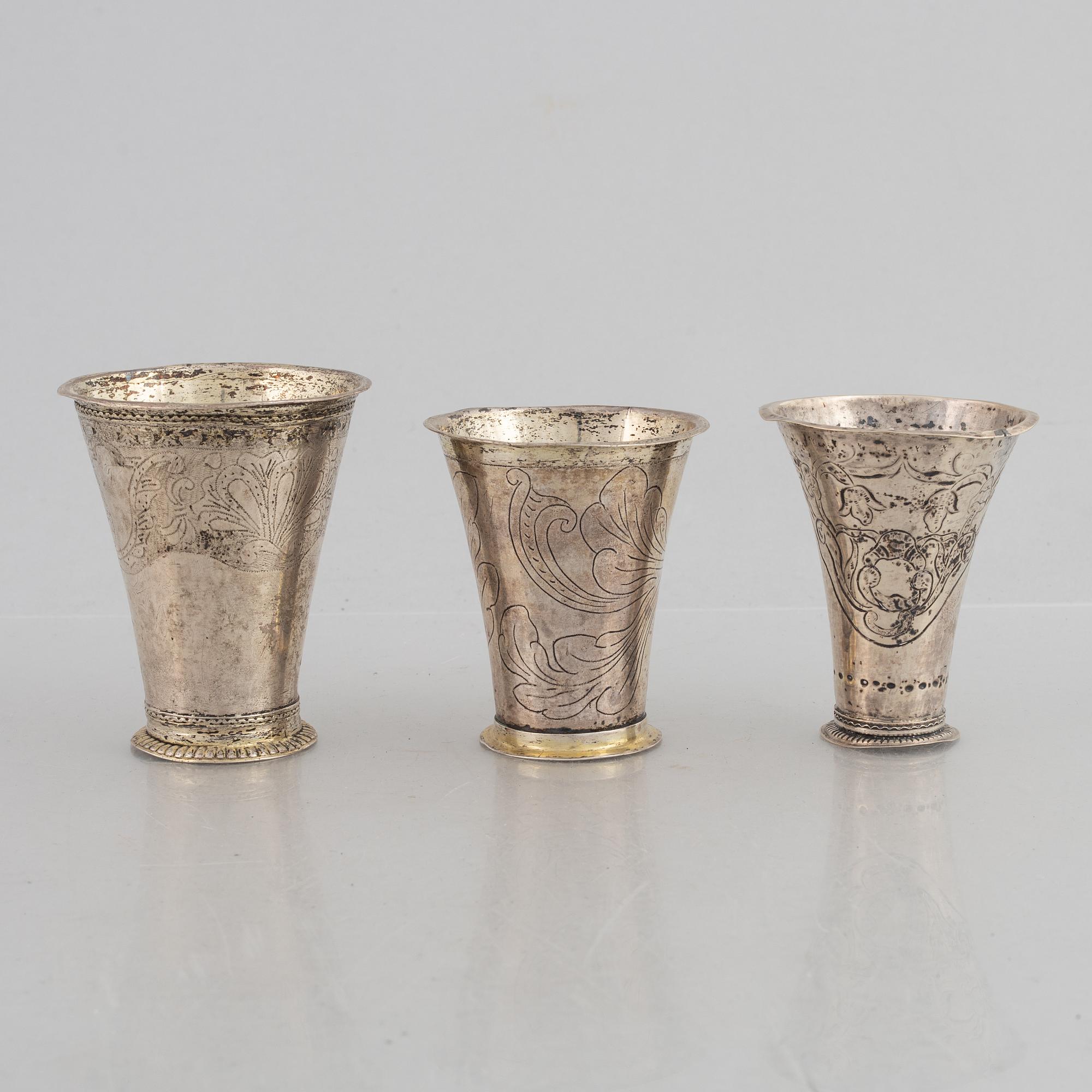 Bägare, 3 st, silver, bl a Sven Nyberg, Varberg 1769.