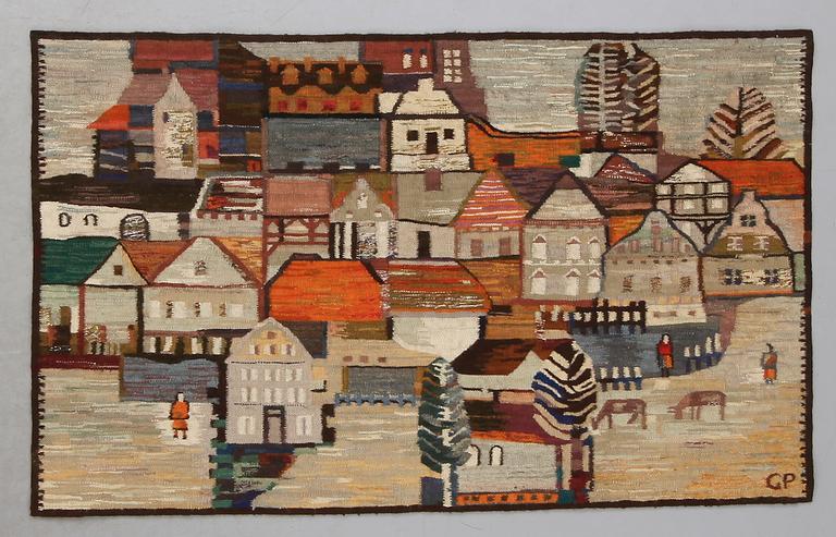 VÄVNAD, linne och ull, signerad GP. Etikettmärkt Piotr Grabowski, 1900-talets senare hälft. Ca 152 x 95 cm.