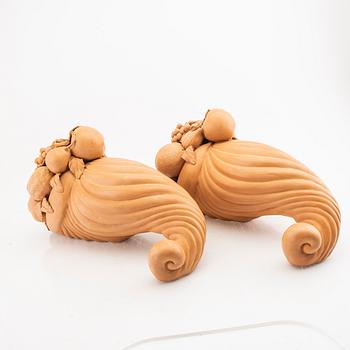 Two terracotta cornucopia by possible Alberto Poletti, Impruneta, Florence, Italy.