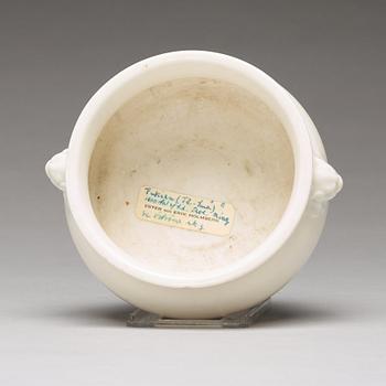 A blanc de chine/dehua censer, probably Ming dynasty (1368-1644).