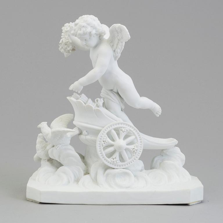 A bisquit figure of a putto on a chariot, Paris, France, possibly 18th Century.