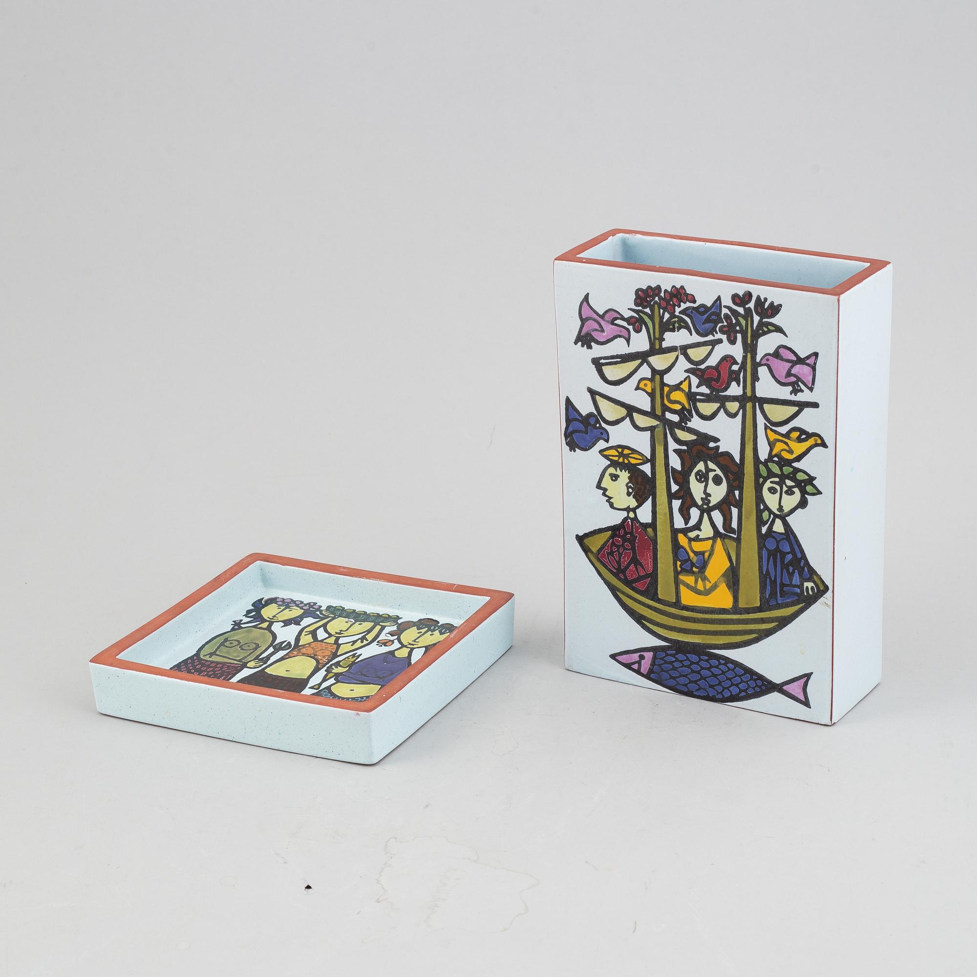 Stig Lindberg, vase and plate, "Karneval", Gustavsberg.