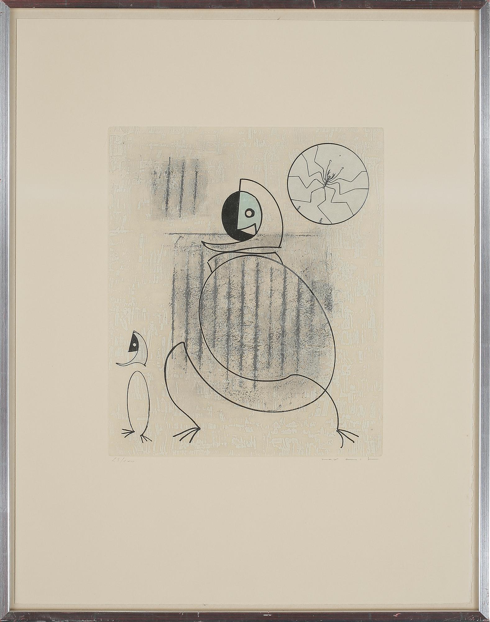 MAX ERNST, färgetsning med collage signerad med blyerts 23/100. Utförd 1975.