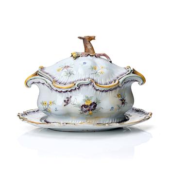 332. A Swedish Rörstrand faience tureen with cover and stand, 18th Century.