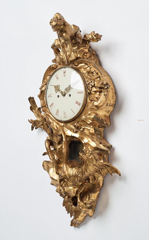A Louis XV mid 18th century gilt bronze wall clock marked "Caffieri fecit".