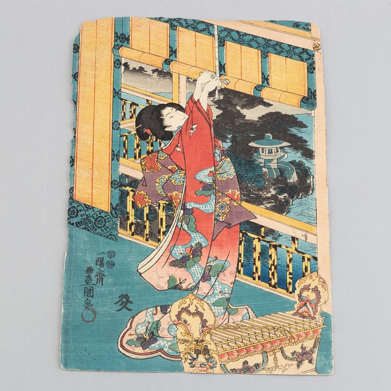 Utagawa Kunisada, färgträsnitt, 2 st, Japan, 1800-tal.